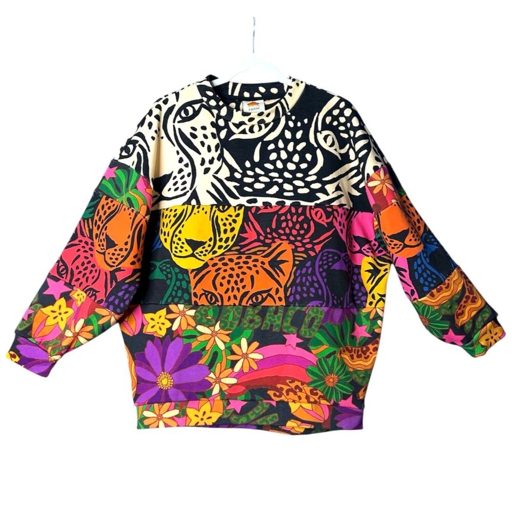 Farm Rio Womens Multicolor Mixed Prints Sweatshirt XS Vibrant Patchwork Cheetah